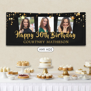 30th Birthday Black Gold Stars Photo Personalised Banner