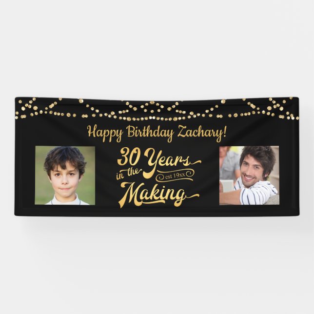 30th Birthday Black Gold String Lights Photos Banner (Horizontal)