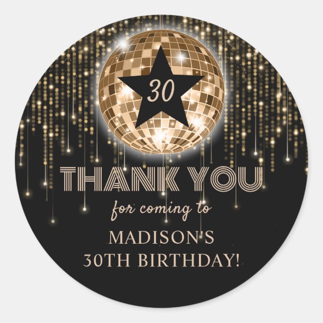 30th Birthday Black Gold Thank You Sticker (Front)