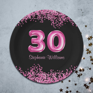 30th Birthday Black Pink Balloons Faux Glitter Paper Plate