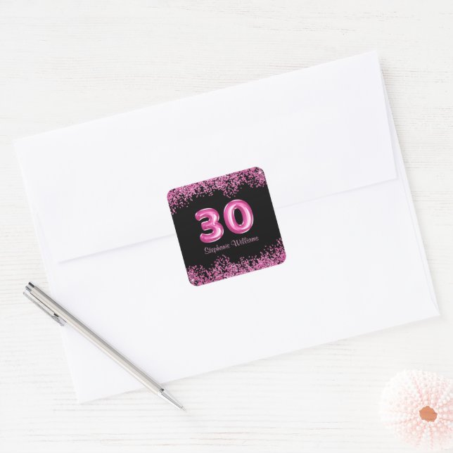 30th Birthday Black Pink Balloons Glitter  Square Sticker (Envelope)