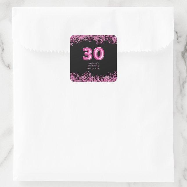 30th Birthday Black Pink Balloons Glitter  Square Sticker (Bag)