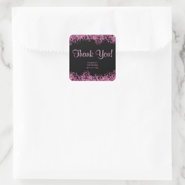 30th Birthday Black Pink Balloons Glitter Thanks Square Sticker (Bag)