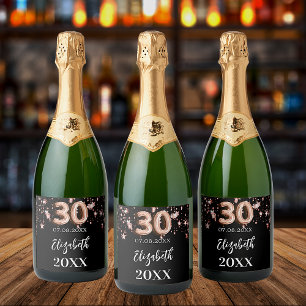 30th Birthday black rose gold stars Sparkling Wine Label