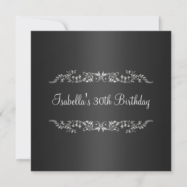 30th Birthday Black & Silver Floral Metal Invitation (Front)