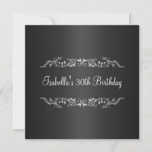 30th Birthday Black & Silver Floral Metal Invitation