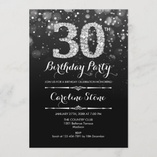 30th Birthday - Black Silver Invitation