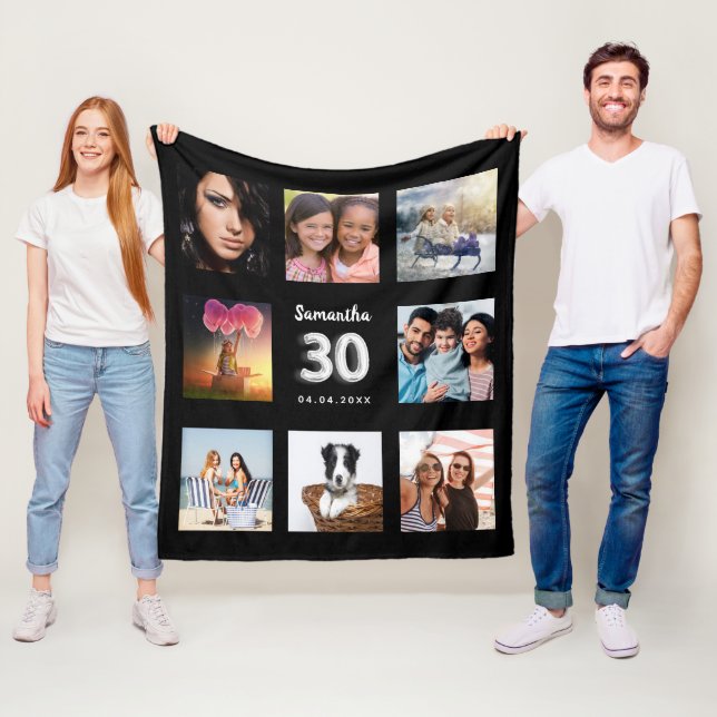 30th birthday black silver photo collage name fleece blanket (In Situ)