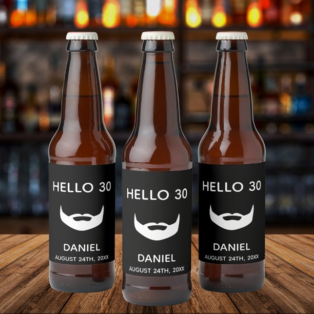 30th birthday black white beard name guy men fun beer bottle label (Creator Uploaded)