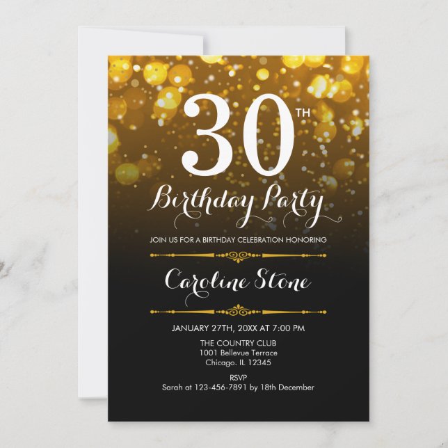 30th Birthday - Black White Gold Invitation (Front)