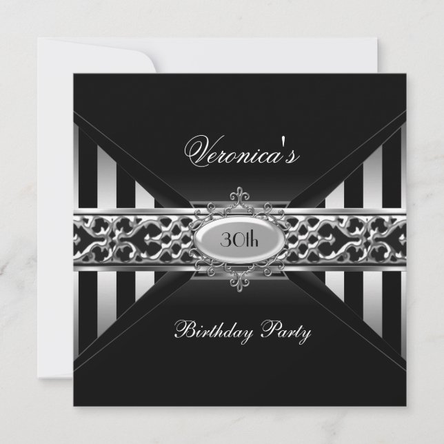 30th Birthday Black White Stripe Silver Invitation (Front)