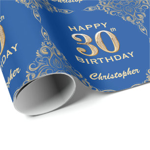 30th Birthday Blue and Gold Glitter Frame Wrapping Paper