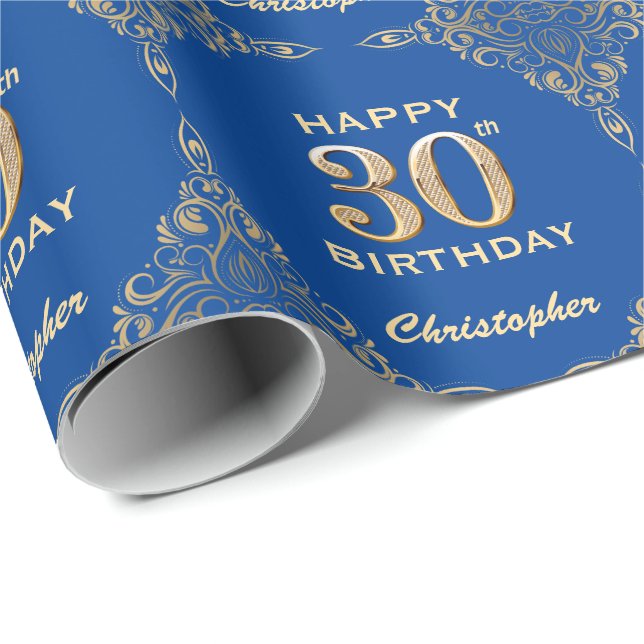 30th Birthday Blue and Gold Glitter Frame Wrapping Paper (Roll Corner)