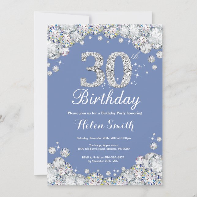 30th Birthday Blue and Silver Diamond Invitation (Front)