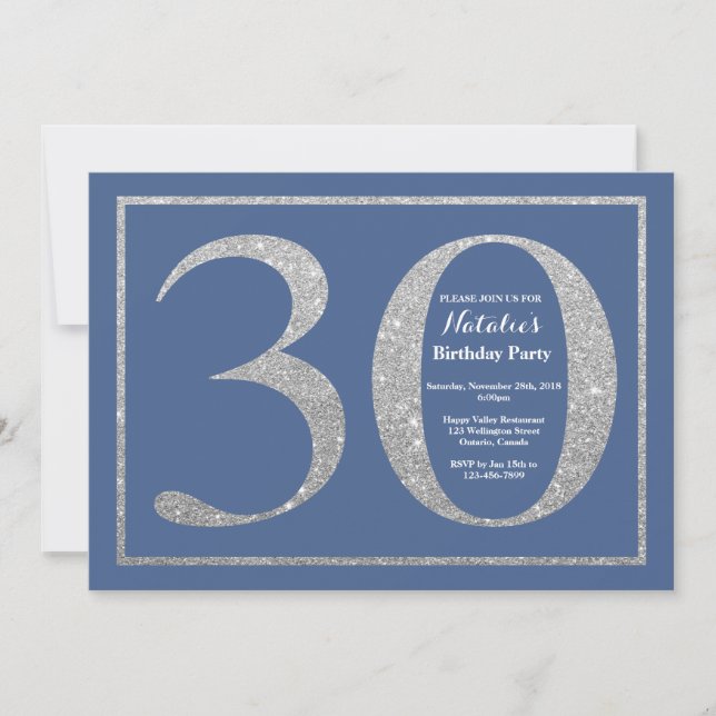 30th Birthday Blue and Silver Glitter Invitation (Front)