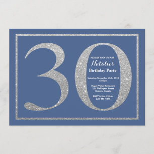 30th Birthday Blue and Silver Glitter Invitation