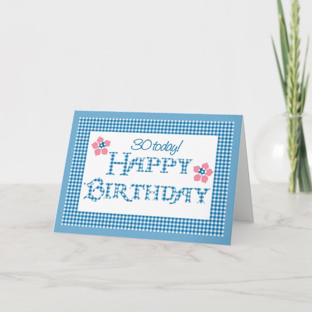 30th Birthday, Blue Check Gingham Pattern Card (Front)