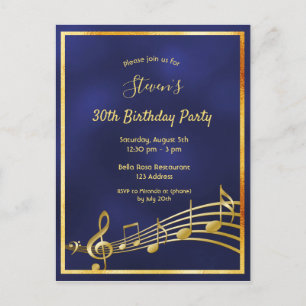 30th birthday blue gold music notes invitation postcard