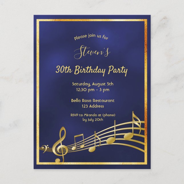 30th birthday blue gold music notes invitation postcard (Front)
