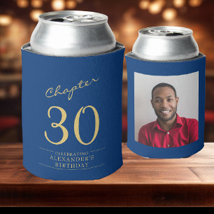 30th Birthday Blue Gold Photo Template Can Cooler
