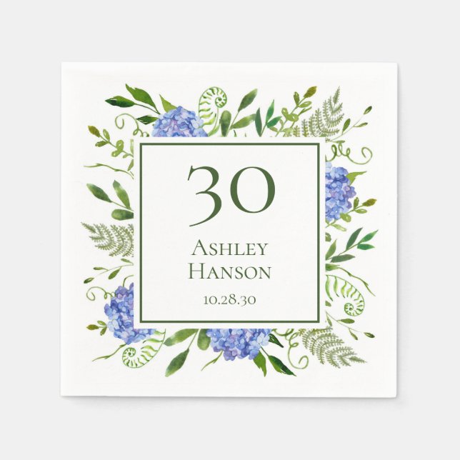 30th Birthday Blue Hydrangeas Napkin (Front)