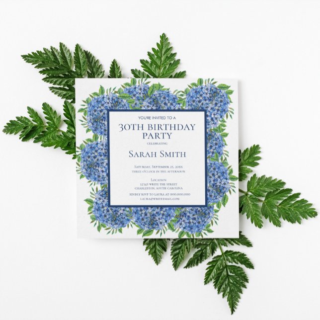 30th Birthday Blue Hydrangeas Watercolor Party Inv Invitation (Creator Uploaded)
