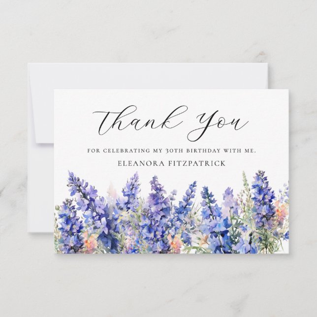 30th Birthday Blue July Birth Flower Custom Flat Thank You Card (Front)