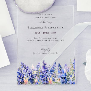 30th Birthday Blue Larkspur July Birth Flower Acrylic Invitations