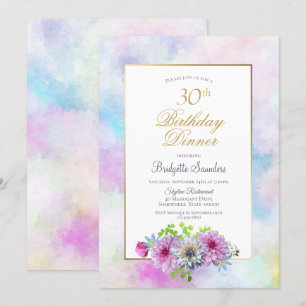 30th Birthday Blue Pink Floral Pastel Dinner Invitation