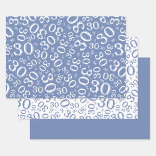 30th Birthday Blue & White Number Pattern 30 Wrapping Paper Sheet