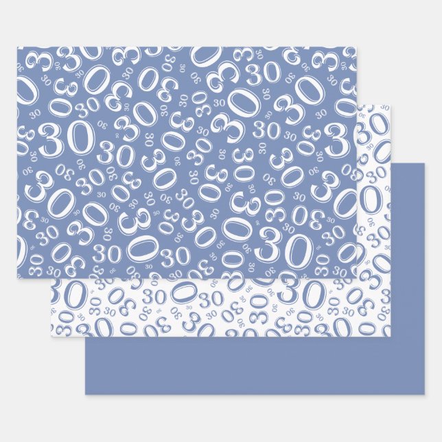 30th Birthday Blue & White Number Pattern 30 Wrapping Paper Sheet (Set)