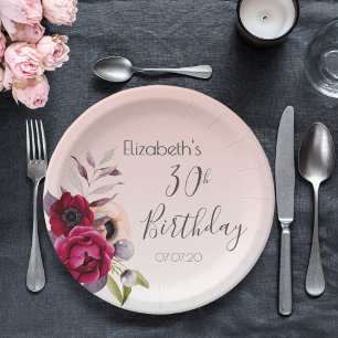 30th birthday blush pink rose gold floral paper plate