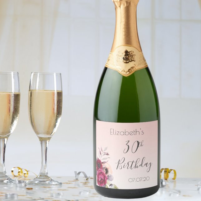 30th birthday blush pink rose gold floral sparkling wine label (Creator Uploaded)