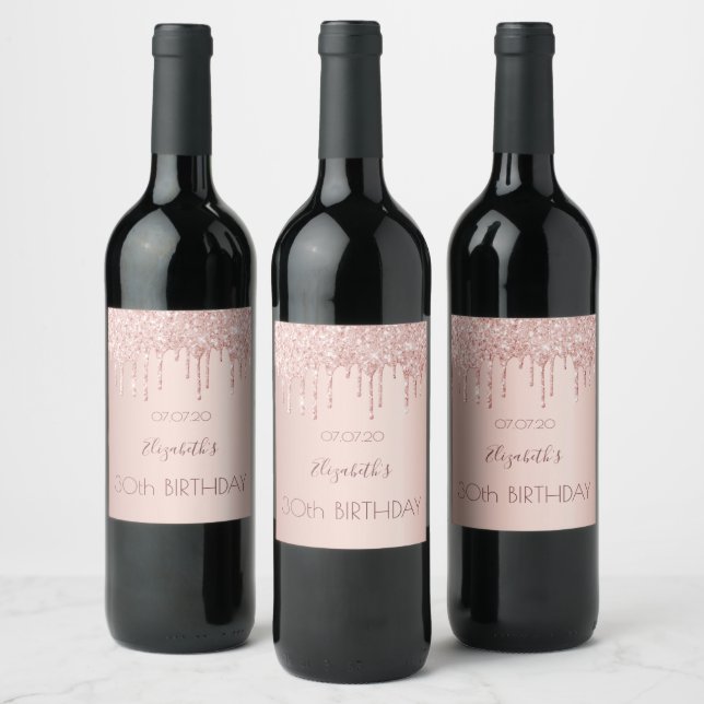 30th birthday blush rose gold drips name wine label (Bottles)