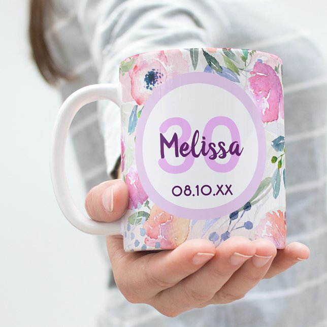 30th birthday boho chic watercolored pink flowers coffee mug (Creator Uploaded)