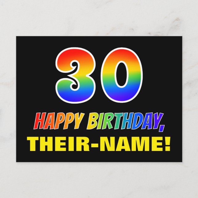 30th Birthday: Bold, Fun, Simple, Rainbow 30 Postcard (Front)
