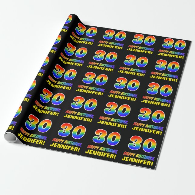 30th Birthday: Bold, Fun, Simple, Rainbow 30 Wrapping Paper (Unrolled)