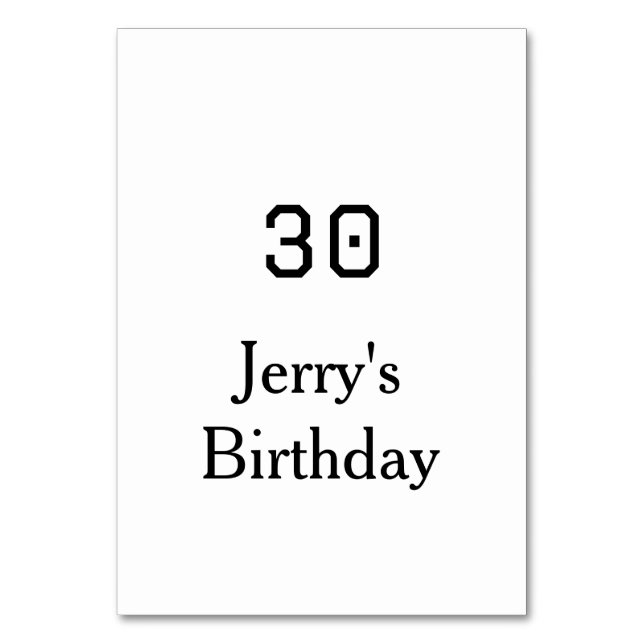 30th birthday bold letter name date simple minimal table number (Front)