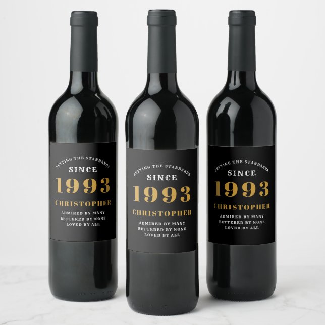 30th Birthday Born 1993 Add Name Black Gold Wine Label (Bottles)