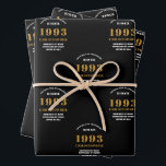 30th Birthday born 1993 Add Name Black Gold Wrapping Paper Sheet<br><div class="desc">A personalised wrapping paper design for that birthday celebration for a special person. Add the name to this vintage retro style black and gold design for a custom birthday gift. Easily edit the name and year with the template provided. A wonderful custom birthday gift. More gifts and party supplies for...</div>