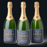30th Birthday Born 1993 Add Name Blue Gold Sparkling Wine Label<br><div class="desc">Personalized Birthday add your name and year sparkling wine label. Edit the name and year with the template provided. A wonderful custom blue birthday party accessory. More gifts and party supplies available with the "setting standards" design in the store.</div>