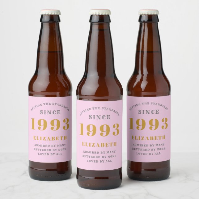 30th Birthday Born 1993 Add Name Pink Grey Beer Bottle Label (Bottles)