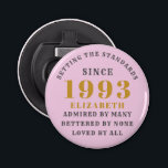 30th Birthday Born 1993 Add Name Pink Grey Bottle Opener<br><div class="desc">Personalized Birthday add your name and year bottle opener. Edit the name and year with the template provided. A wonderful custom birthday party accessory. More gifts and party supplies available with the "setting standards" design in the store.</div>