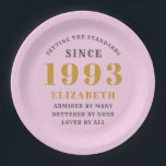 30th Birthday Born 1993 Add Name Pink Grey Paper Plate<br><div class="desc">Personalized Birthday add your name and year paper plate. Edit the name and year with the template provided. A wonderful custom birthday party accessory. More gifts and party supplies available with the "setting standards" design in the store.</div>