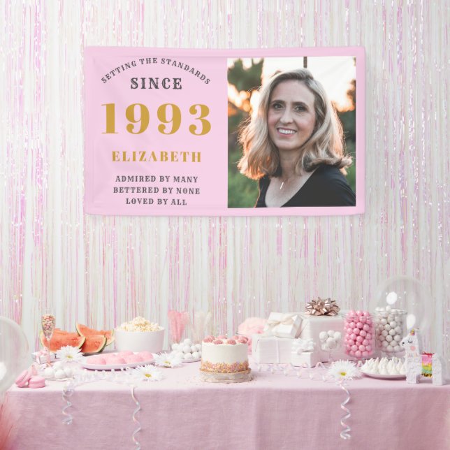 30th Birthday Born 1993 Add Name Pink Grey Photo Banner (Party)