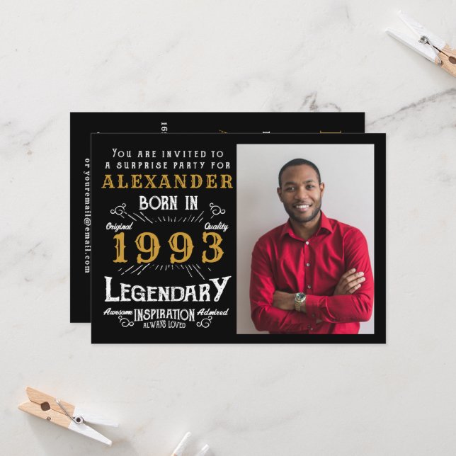 30th Birthday Born 1993 Black Gold Retro Photo Invitation (Front/Back In Situ)