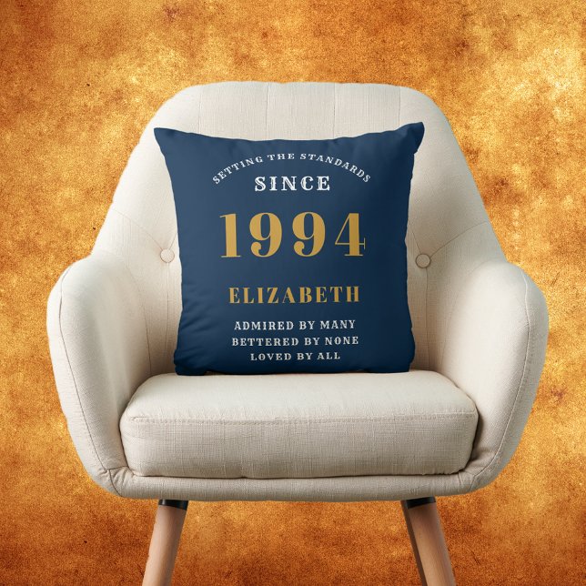 30th Birthday Born 1994 Loved Add Your Name Blue Cushion (30th birthday cushion for those born in 1994. Personalized in blue and gold.)