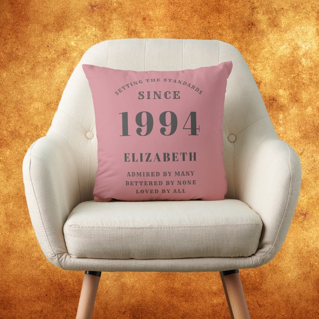 30th Birthday Born 1994 Loved Add Your Name Pink Cushion (Dusty pink and grey 30th birthday personalized cushion throw pillow. Fun for those born in 1994.)