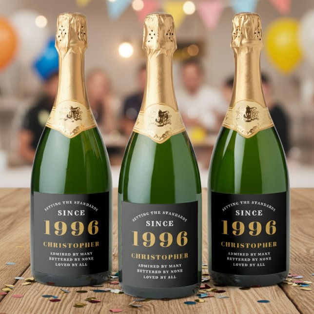 30th Birthday Born 1996 Add Name Black Gold Sparkling Wine Label (Born 1996 birthday sparkling wine labels. Background out of focus.)
