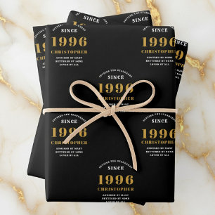 30th Birthday born 1996 Add Name Black Gold Wrapping Paper Sheet